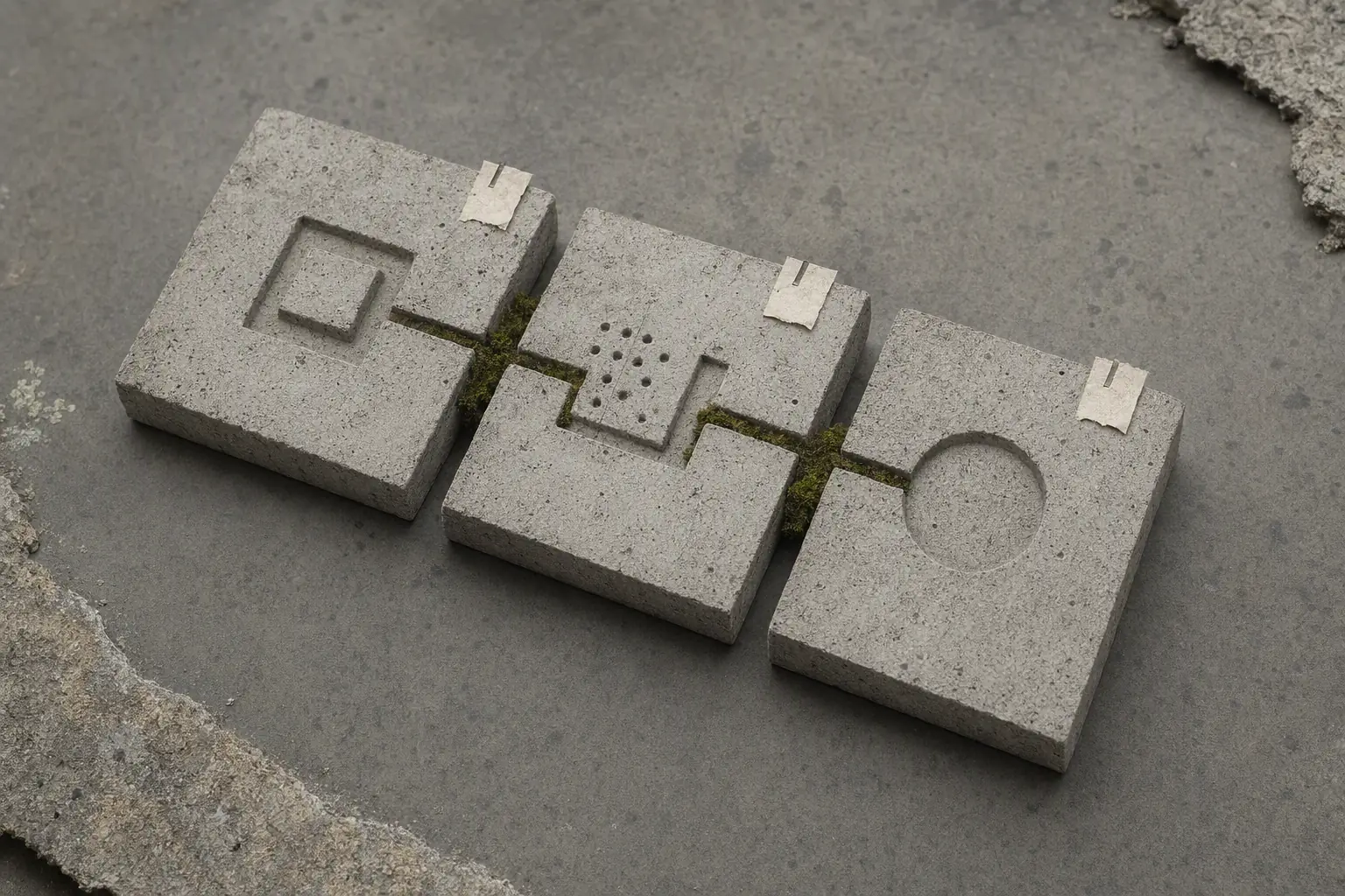 Three rough concrete evidence slabs joined in sequence by a thin line of moss